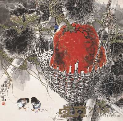 林德才 癸酉(1993)年作 南瓜小鸡图 立轴 70×69cm